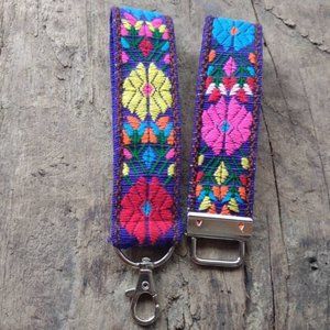 Boho Wristlet Keychain Fob, Purple flowers keychain